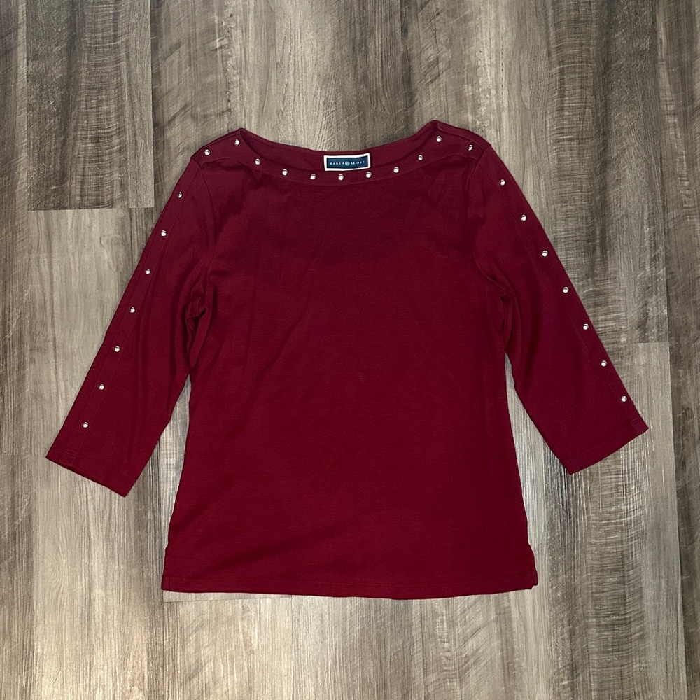 Karen Scott Red Pearl-Accent Boatneck Top